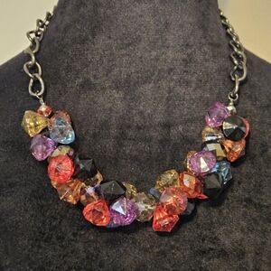 Chunky Multicolor Bead Statement Necklace w/ Pewter Color Chain